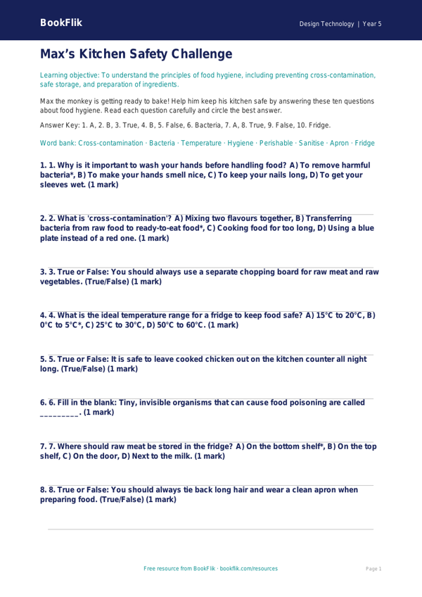 Free Food Hygiene Quiz | Year 5 Core | BookFlik worksheet preview — Design-Technology Food Hygiene