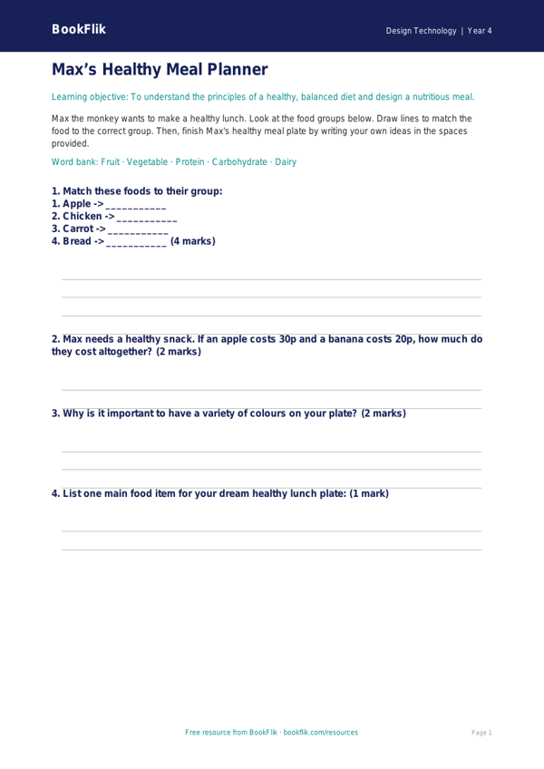 Free Healthy Meals Activity Sheet | Year 4 Supported | BookFlik worksheet preview — Design-Technology Healthy Meals