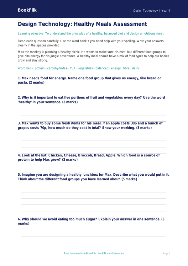 Free Healthy Meals Assessment | Year 4 Supported | BookFlik worksheet preview — Design-Technology Healthy Meals