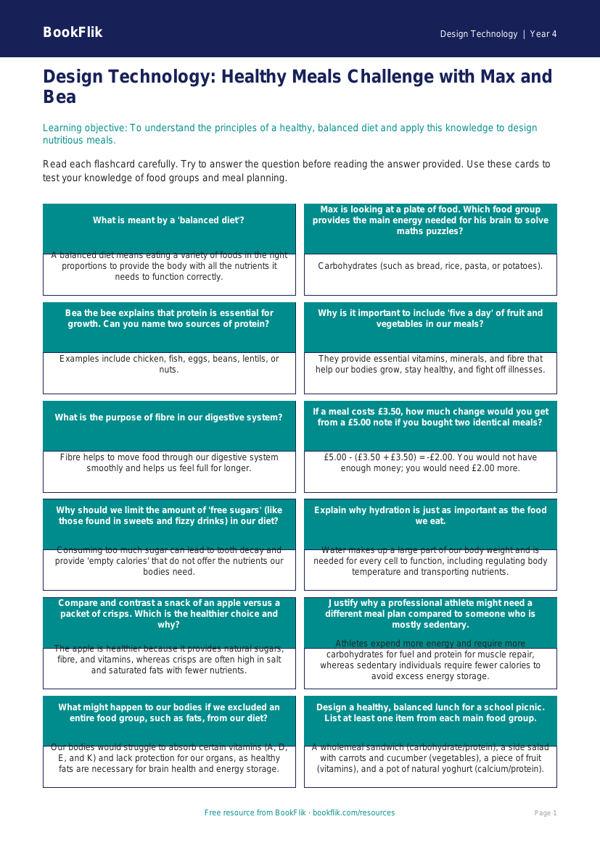 Free Healthy Meals Flashcards | Year 4 Greater Depth | BookFlik worksheet preview — Design-Technology Healthy Meals