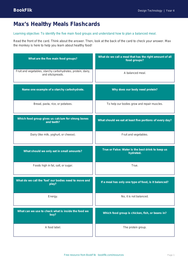 Free Healthy Meals Flashcards | Year 4 Supported | BookFlik worksheet preview — Design-Technology Healthy Meals