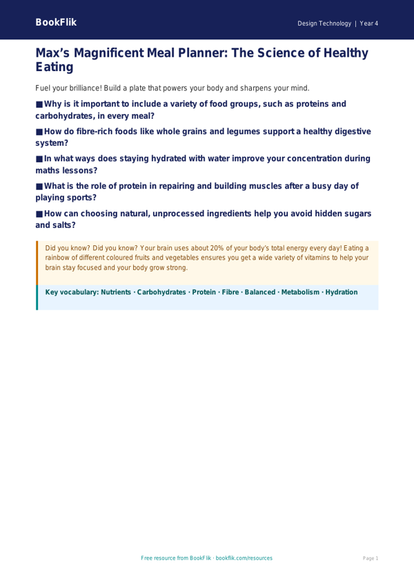 Free Healthy Meals Poster | Year 4 Greater Depth | BookFlik worksheet preview — Design-Technology Healthy Meals