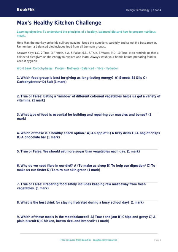 Free Healthy Meals Quiz | Year 4 Greater Depth | BookFlik worksheet preview — Design-Technology Healthy Meals