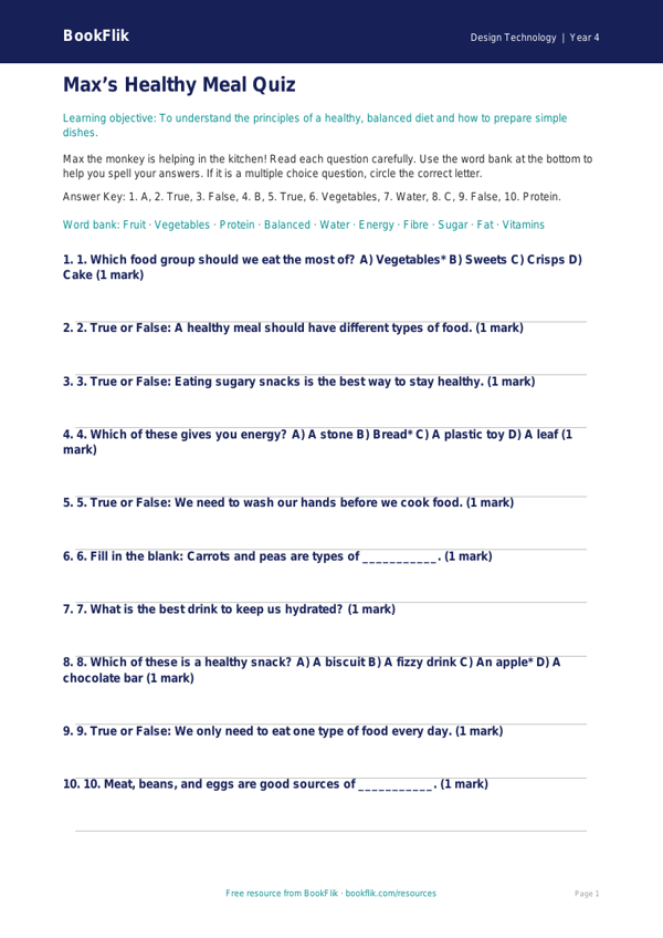 Free Healthy Meals Quiz | Year 4 Supported | BookFlik worksheet preview — Design-Technology Healthy Meals