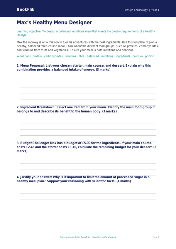 Free Healthy Meals Template | Year 4 Greater Depth | BookFlik worksheet preview — Design-Technology Healthy Meals