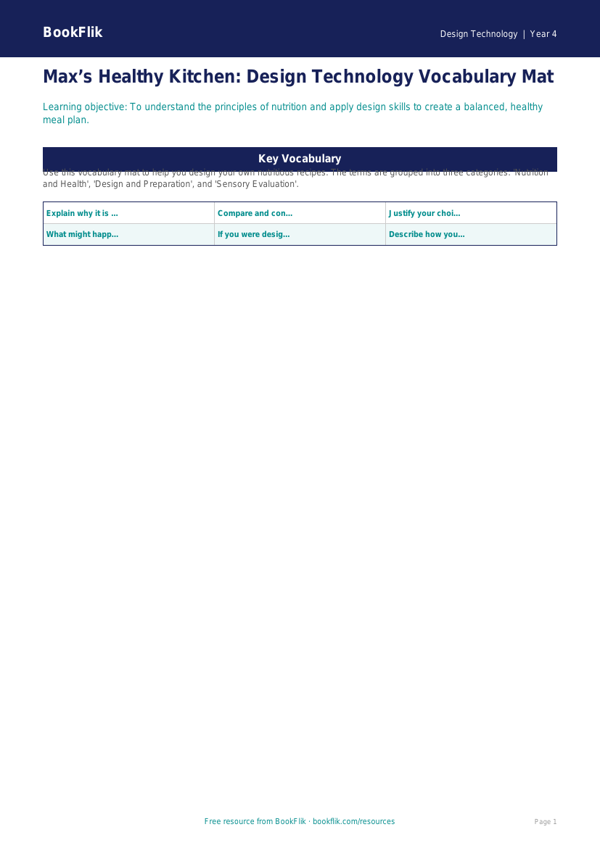 Free Healthy Meals Word Mat | Year 4 Greater Depth | BookFlik worksheet preview — Design-Technology Healthy Meals