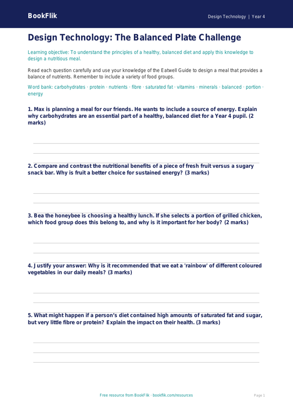 Free Healthy Meals Worksheet | Year 4 Greater Depth | BookFlik worksheet preview — Design-Technology Healthy Meals