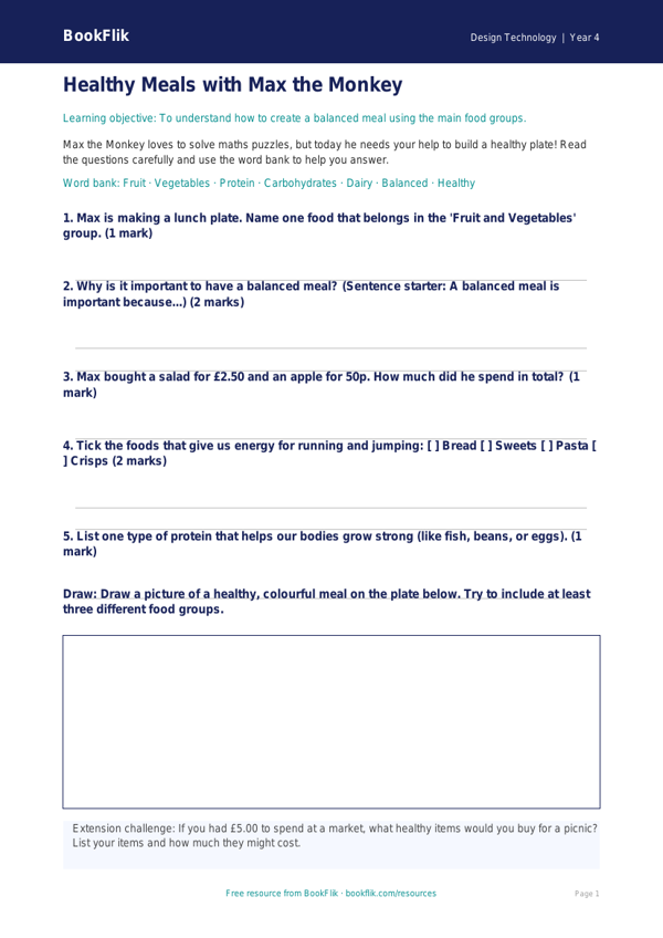 Free Healthy Meals Worksheet | Year 4 Supported | BookFlik worksheet preview — Design-Technology Healthy Meals
