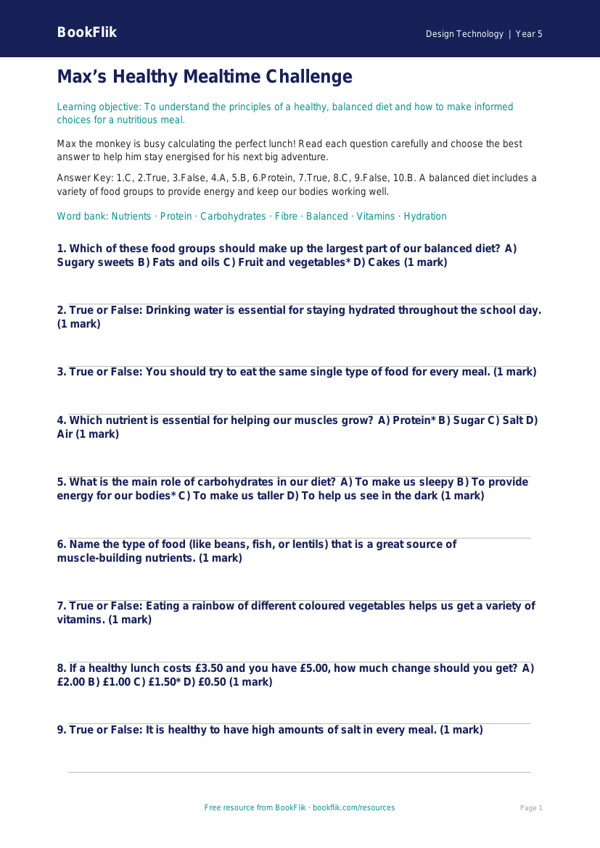 Free Healthy Meals Quiz | Year 5 Core | BookFlik worksheet preview — Design-Technology Healthy Meals