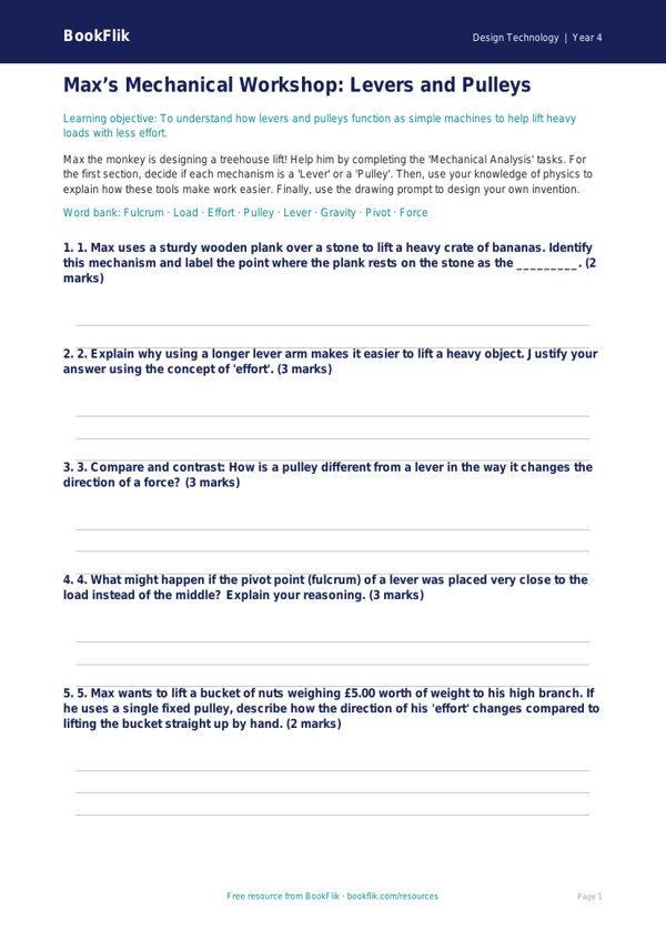 Free Levers And Pulleys Activity Sheet | Year 4 Greater Depth | BookFlik worksheet preview — Design-Technology Levers And Pulleys