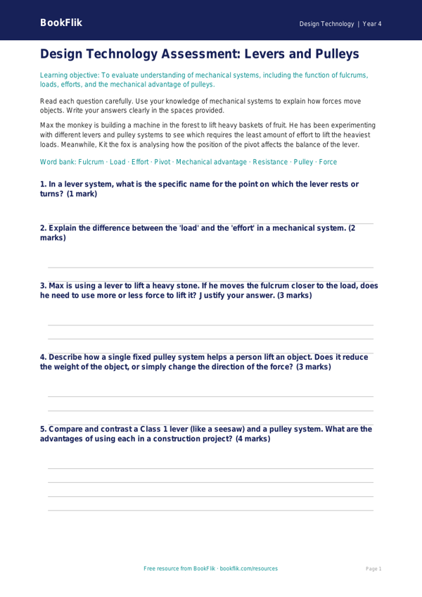 Free Levers And Pulleys Assessment | Year 4 Greater Depth | BookFlik worksheet preview — Design-Technology Levers And Pulleys