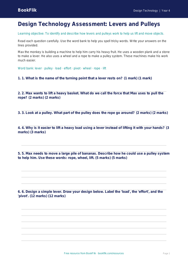 Free Levers And Pulleys Assessment | Year 4 Supported | BookFlik worksheet preview — Design-Technology Levers And Pulleys