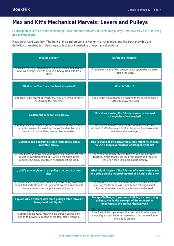Free Levers And Pulleys Flashcards | Year 4 Greater Depth | BookFlik worksheet preview — Design-Technology Levers And Pulleys