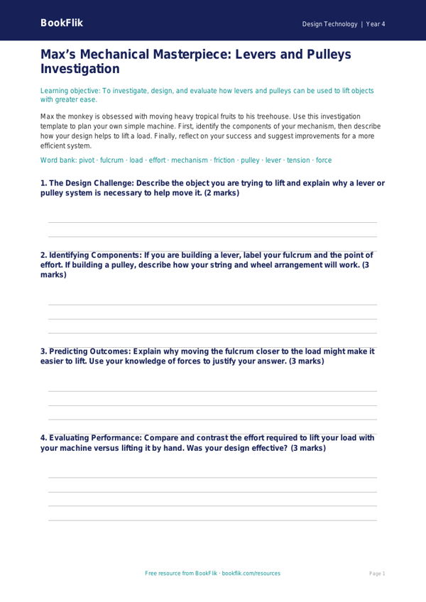 Free Levers And Pulleys Template | Year 4 Greater Depth | BookFlik worksheet preview — Design-Technology Levers And Pulleys