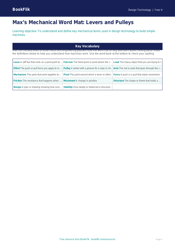 Free Levers And Pulleys Word Mat | Year 4 Supported | BookFlik worksheet preview — Design-Technology Levers And Pulleys