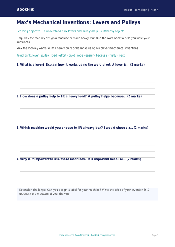 Free Levers And Pulleys Writing Frame | Year 4 Supported | BookFlik worksheet preview — Design-Technology Levers And Pulleys