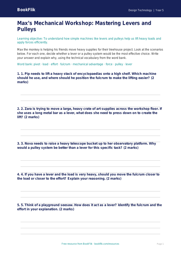 Free Levers And Pulleys Activity Sheet | Year 5 Core | BookFlik worksheet preview — Design-Technology Levers And Pulleys