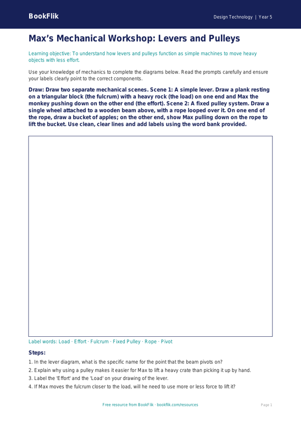 Free Levers And Pulleys Drawing Sheet | Year 5 Core | BookFlik worksheet preview — Design-Technology Levers And Pulleys