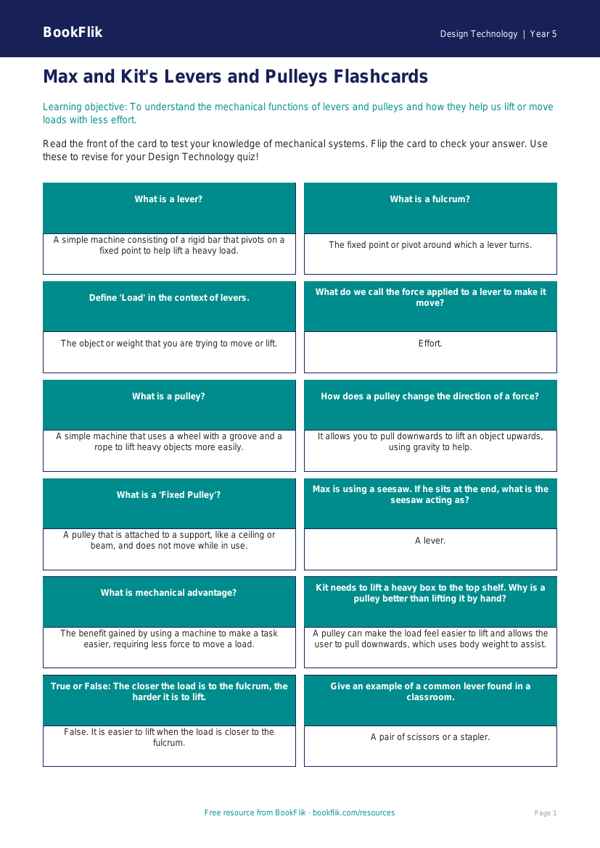 Free Levers And Pulleys Flashcards | Year 5 Core | BookFlik worksheet preview — Design-Technology Levers And Pulleys