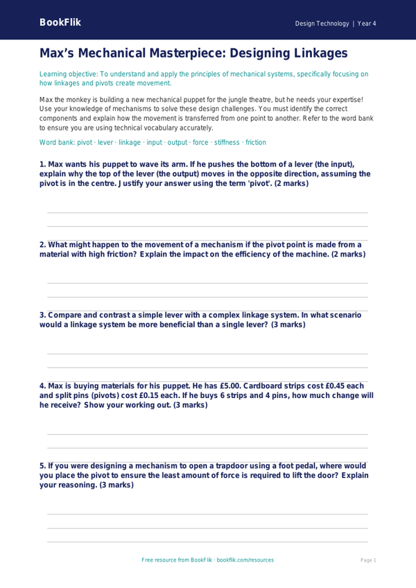 Free Mechanisms Activity Sheet | Year 4 Greater Depth | BookFlik worksheet preview — Design-Technology Mechanisms
