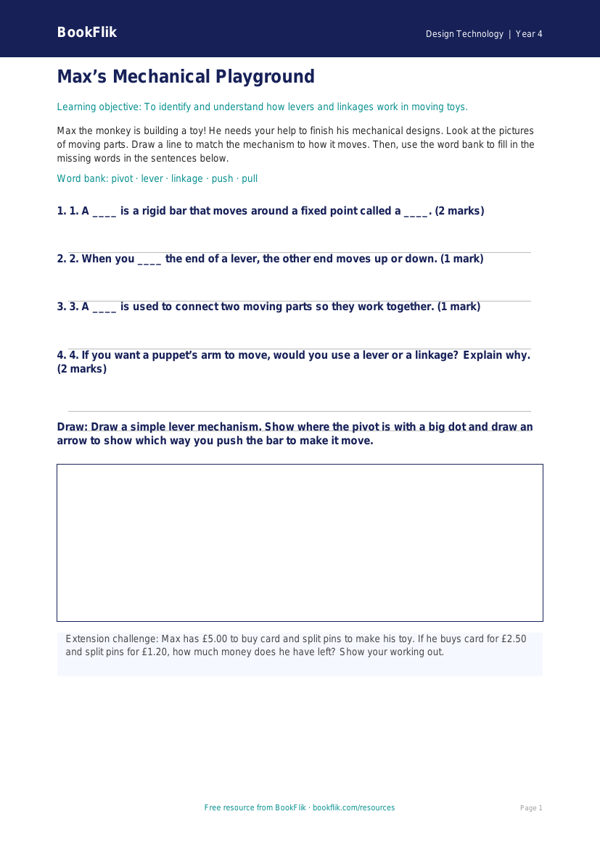 Free Mechanisms Activity Sheet | Year 4 Supported | BookFlik worksheet preview — Design-Technology Mechanisms