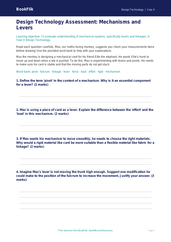 Free Mechanisms Assessment | Year 4 Greater Depth | BookFlik worksheet preview — Design-Technology Mechanisms