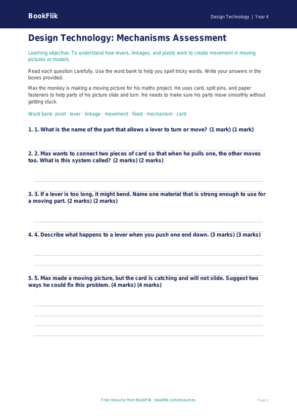 Free Mechanisms Assessment | Year 4 Supported | BookFlik worksheet preview — Design-Technology Mechanisms