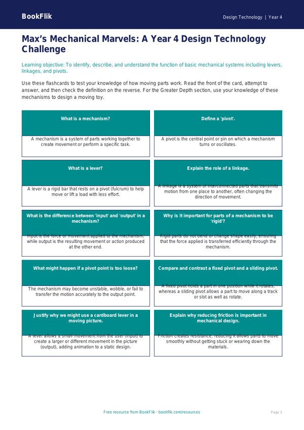 Free Mechanisms Flashcards | Year 4 Greater Depth | BookFlik worksheet preview — Design-Technology Mechanisms