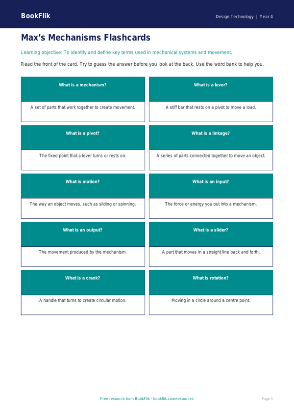 Free Mechanisms Flashcards | Year 4 Supported | BookFlik worksheet preview — Design-Technology Mechanisms