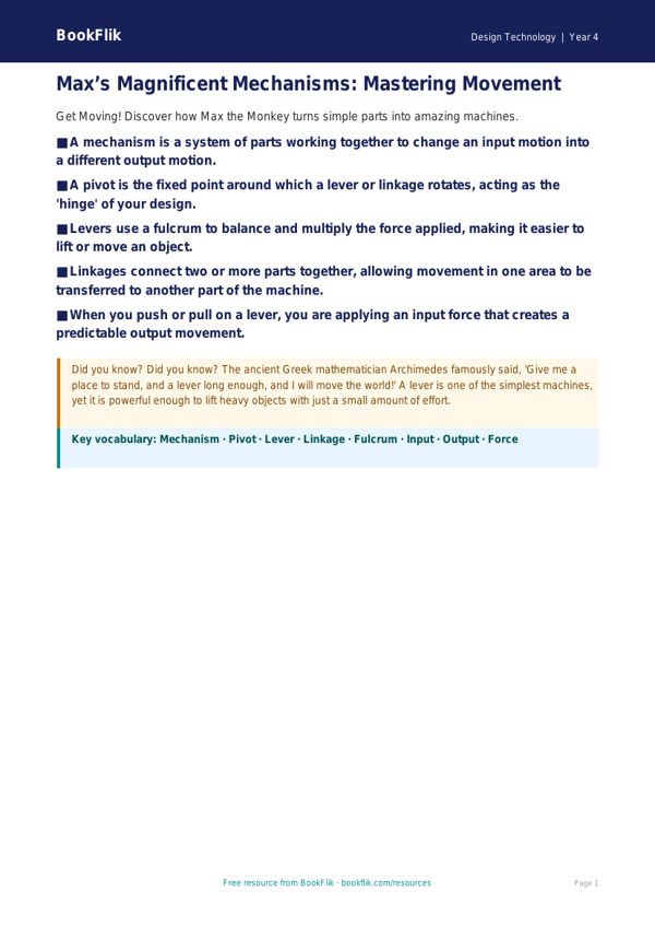 Free Mechanisms Poster | Year 4 Greater Depth | BookFlik worksheet preview — Design-Technology Mechanisms