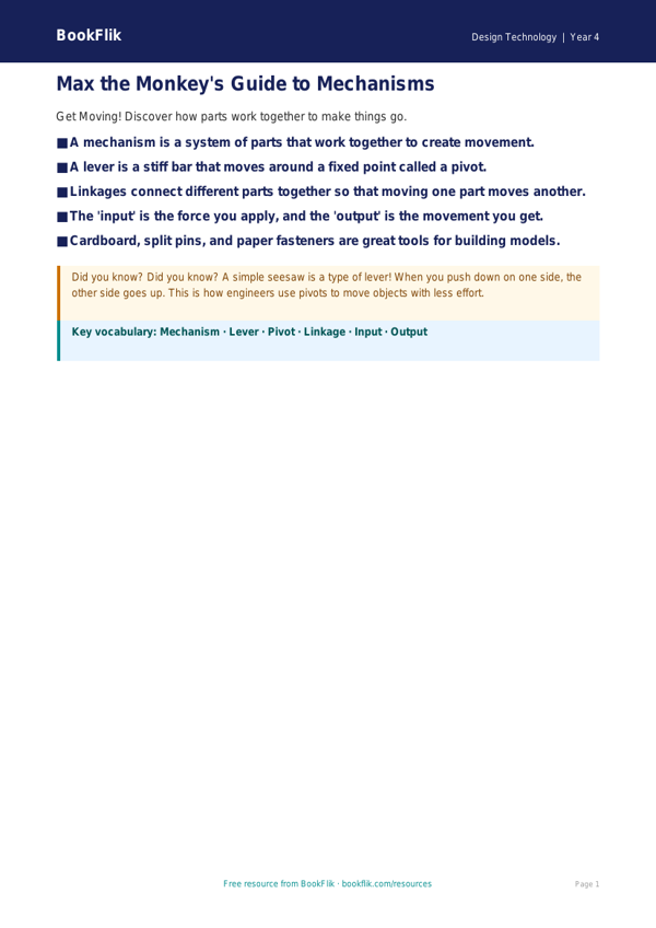 Free Mechanisms Poster | Year 4 Supported | BookFlik worksheet preview — Design-Technology Mechanisms