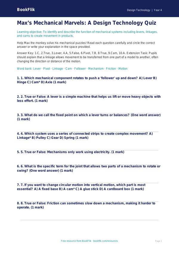 Free Mechanisms Quiz | Year 4 Greater Depth | BookFlik worksheet preview — Design-Technology Mechanisms
