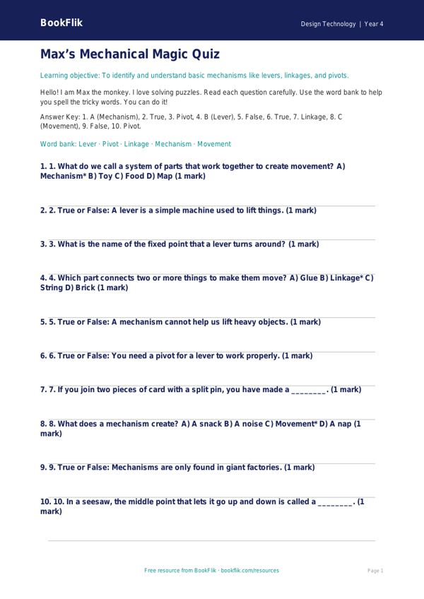 Free Mechanisms Quiz | Year 4 Supported | BookFlik worksheet preview — Design-Technology Mechanisms