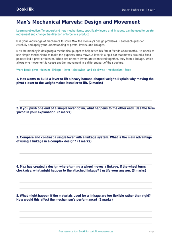 Free Mechanisms Worksheet | Year 4 Greater Depth | BookFlik worksheet preview — Design-Technology Mechanisms
