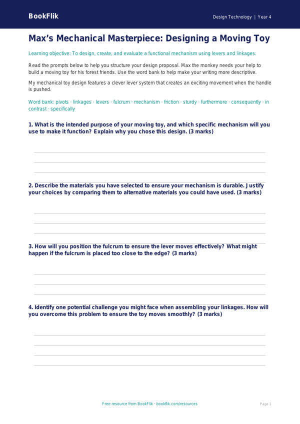 Free Mechanisms Writing Frame | Year 4 Greater Depth | BookFlik worksheet preview — Design-Technology Mechanisms
