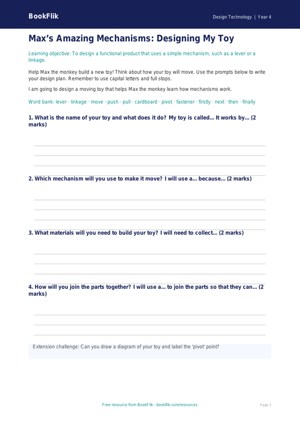 Free Mechanisms Writing Frame | Year 4 Supported | BookFlik worksheet preview — Design-Technology Mechanisms