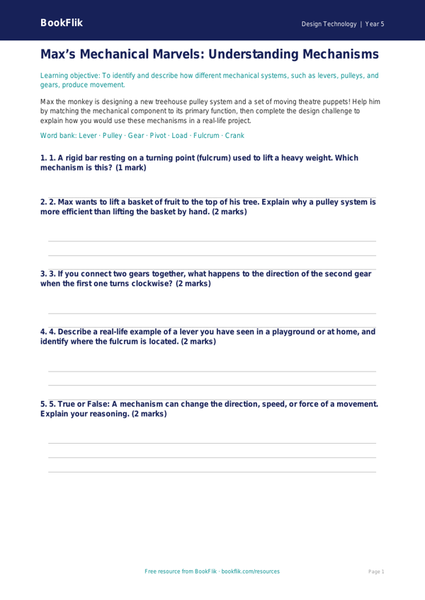 Free Mechanisms Activity Sheet | Year 5 Core | BookFlik worksheet preview — Design-Technology Mechanisms