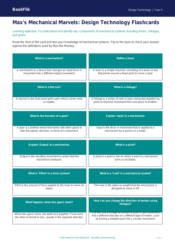 Free Mechanisms Flashcards | Year 5 Core | BookFlik worksheet preview — Design-Technology Mechanisms