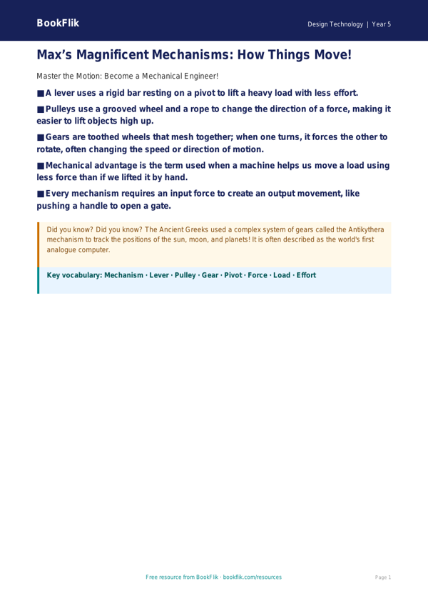 Free Mechanisms Poster | Year 5 Core | BookFlik worksheet preview — Design-Technology Mechanisms