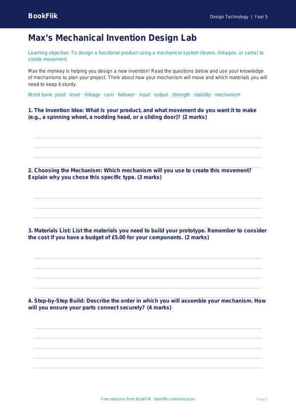 Free Mechanisms Worksheet | Year 5 Science Template | BookFlik worksheet preview — Design-Technology Mechanisms