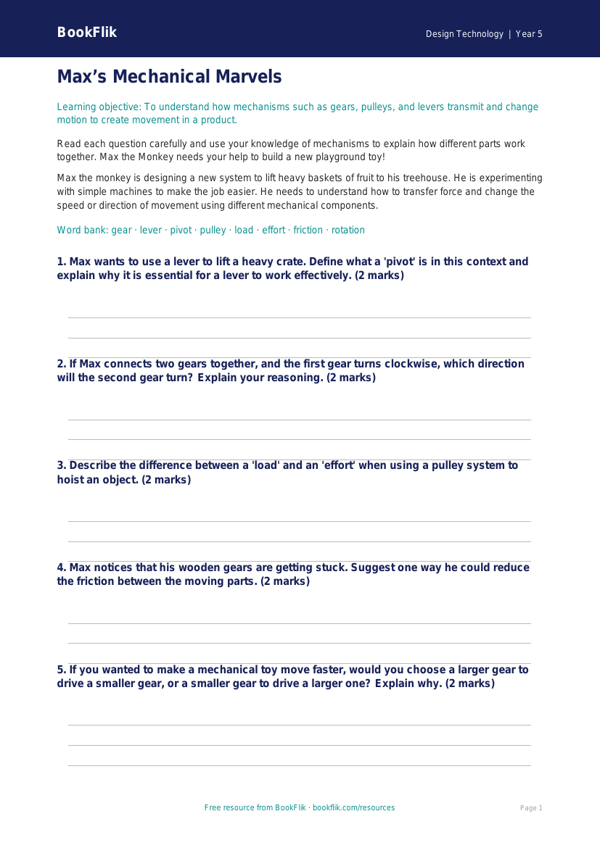 Free Mechanisms Worksheet | Year 5 Core | BookFlik worksheet preview — Design-Technology Mechanisms