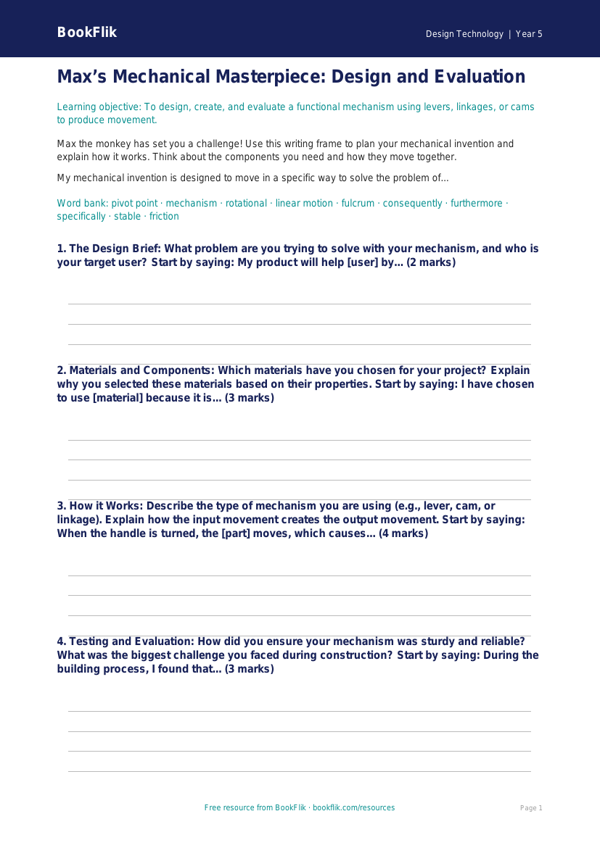 Free Mechanisms Writing Frame | Year 5 Core | BookFlik worksheet preview — Design-Technology Mechanisms