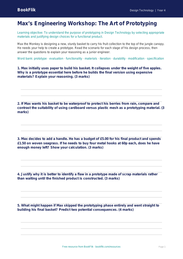 Free Prototyping Activity Sheet | Year 4 Greater Depth | BookFlik worksheet preview — Design-Technology Prototyping