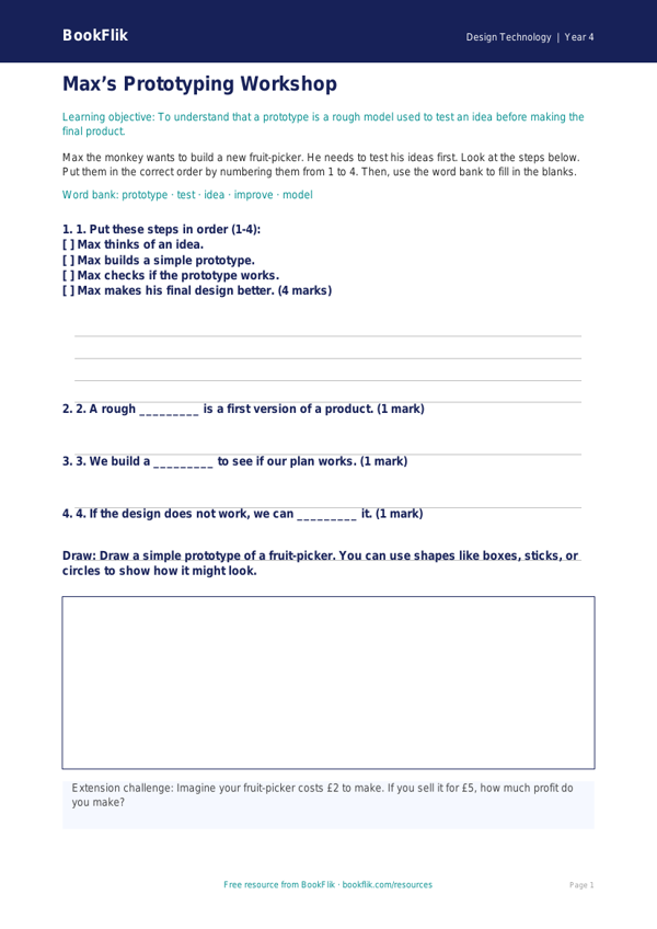 Free Prototyping Activity Sheet | Year 4 Supported | BookFlik worksheet preview — Design-Technology Prototyping