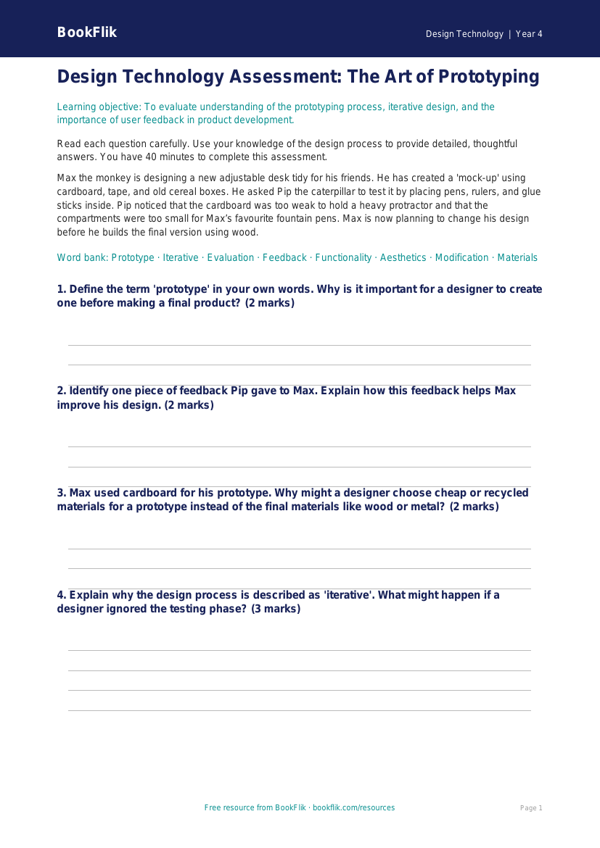 Free Prototyping Assessment | Year 4 Greater Depth | BookFlik worksheet preview — Design-Technology Prototyping