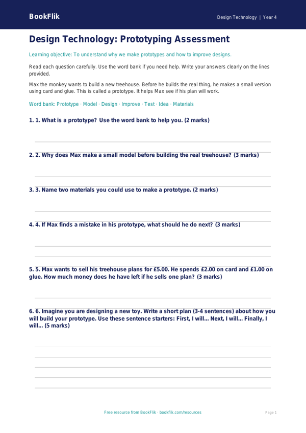 Free Prototyping Assessment | Year 4 Supported | BookFlik worksheet preview — Design-Technology Prototyping