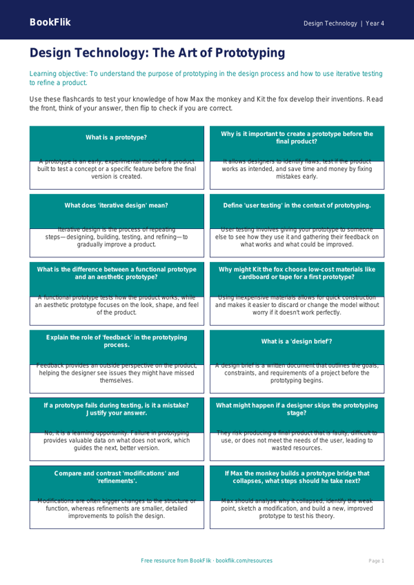 Free Prototyping Flashcards | Year 4 Greater Depth | BookFlik worksheet preview — Design-Technology Prototyping