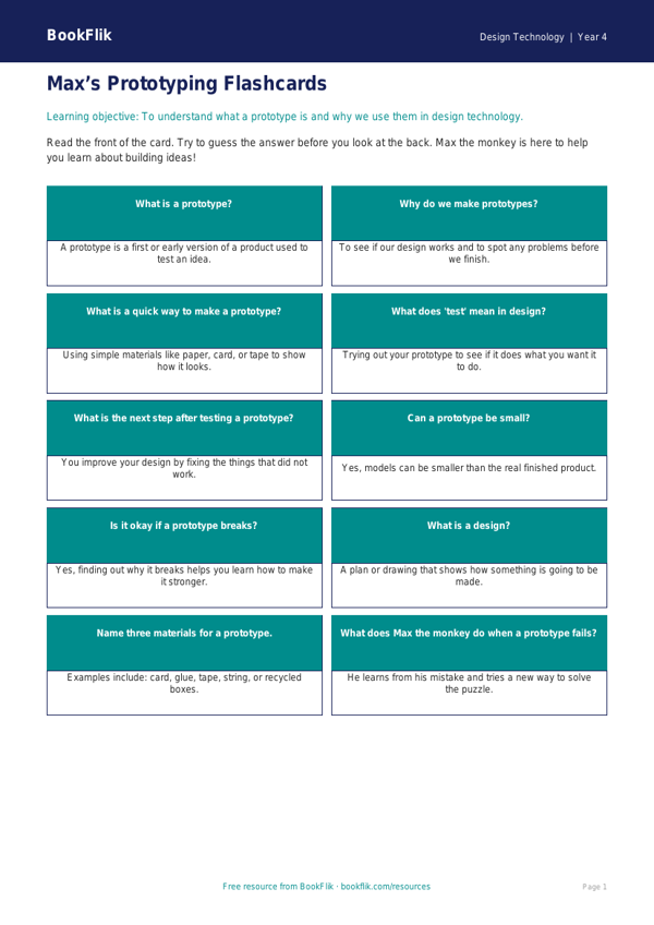 Free Prototyping Flashcards | Year 4 Supported | BookFlik worksheet preview — Design-Technology Prototyping