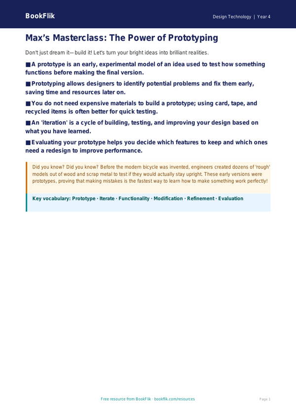 Free Prototyping Poster | Year 4 Greater Depth | BookFlik worksheet preview — Design-Technology Prototyping