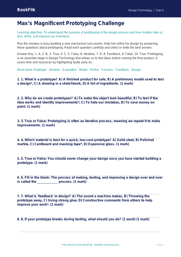 Free Prototyping Quiz | Year 4 Greater Depth | BookFlik worksheet preview — Design-Technology Prototyping